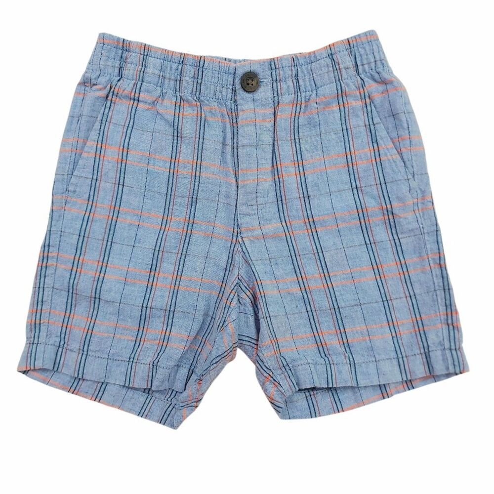 Janie and Jack Shorts Boys Size 4 Blue Orange Plaid Linen Cotton Summer